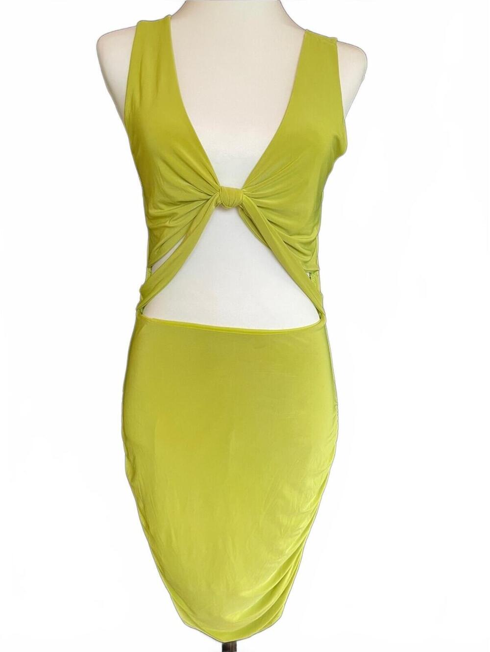 Sabora Lime Green Bodycon Cutout Knot Front Midi Dress Polyester Spandex Large